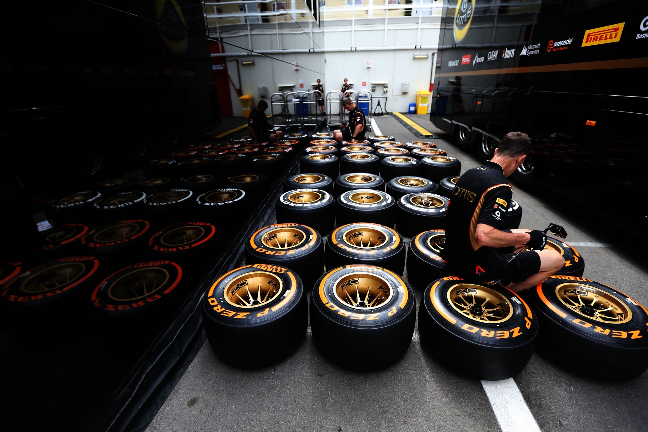 Mechanics working on the P Zero hard and medium compounds int he paddock