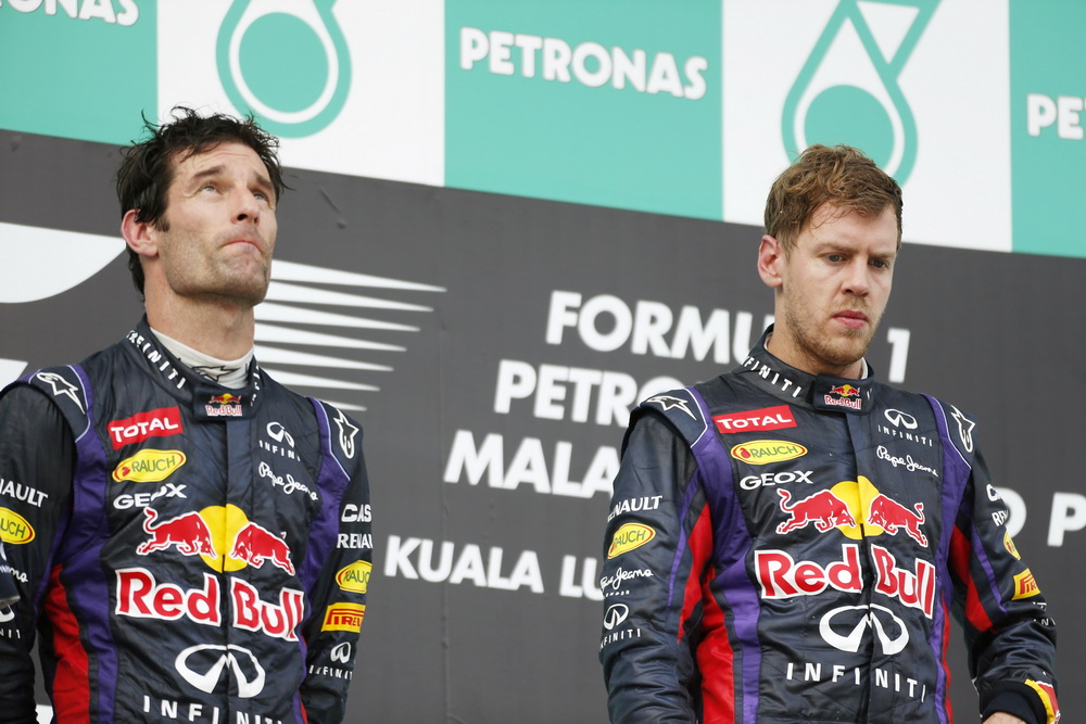 Mark Webber, Red Bull Racing, 2nd position, and Sebastian Vettel, Red Bull Racing, 1st position, on the podium.