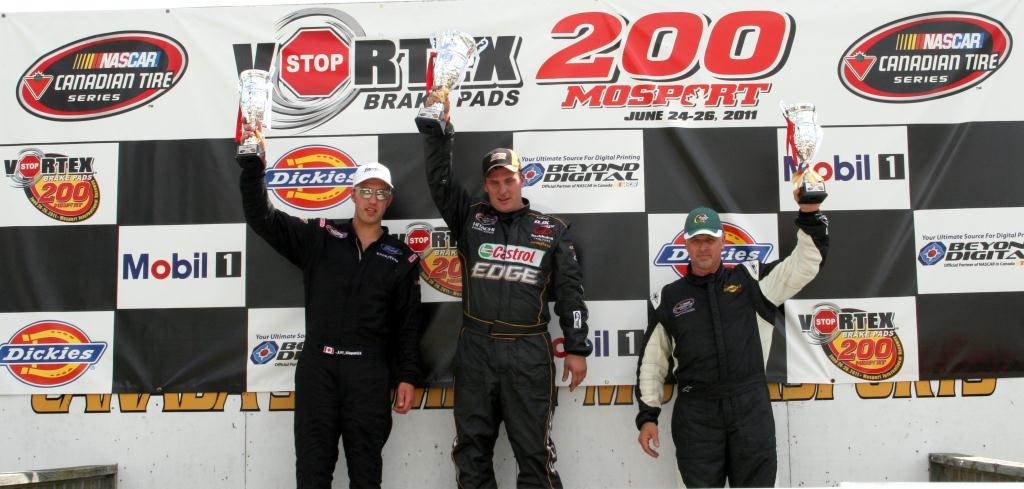 The podium for the Vortex Brake Pads 200 NASCAR Canadian Tire Series Race. From left to right – J.R. Fitzpatrick, winner D.J. Kennington and Robin Buck. Photo by Gary Grant  
